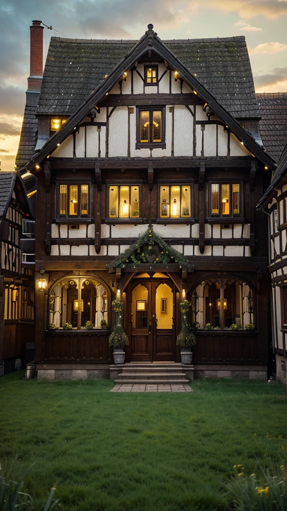 Reproduce a simple, well-lit half-timbered house (yellow lights) facing the front, 19th century building with glass partitions on a field of green grass.