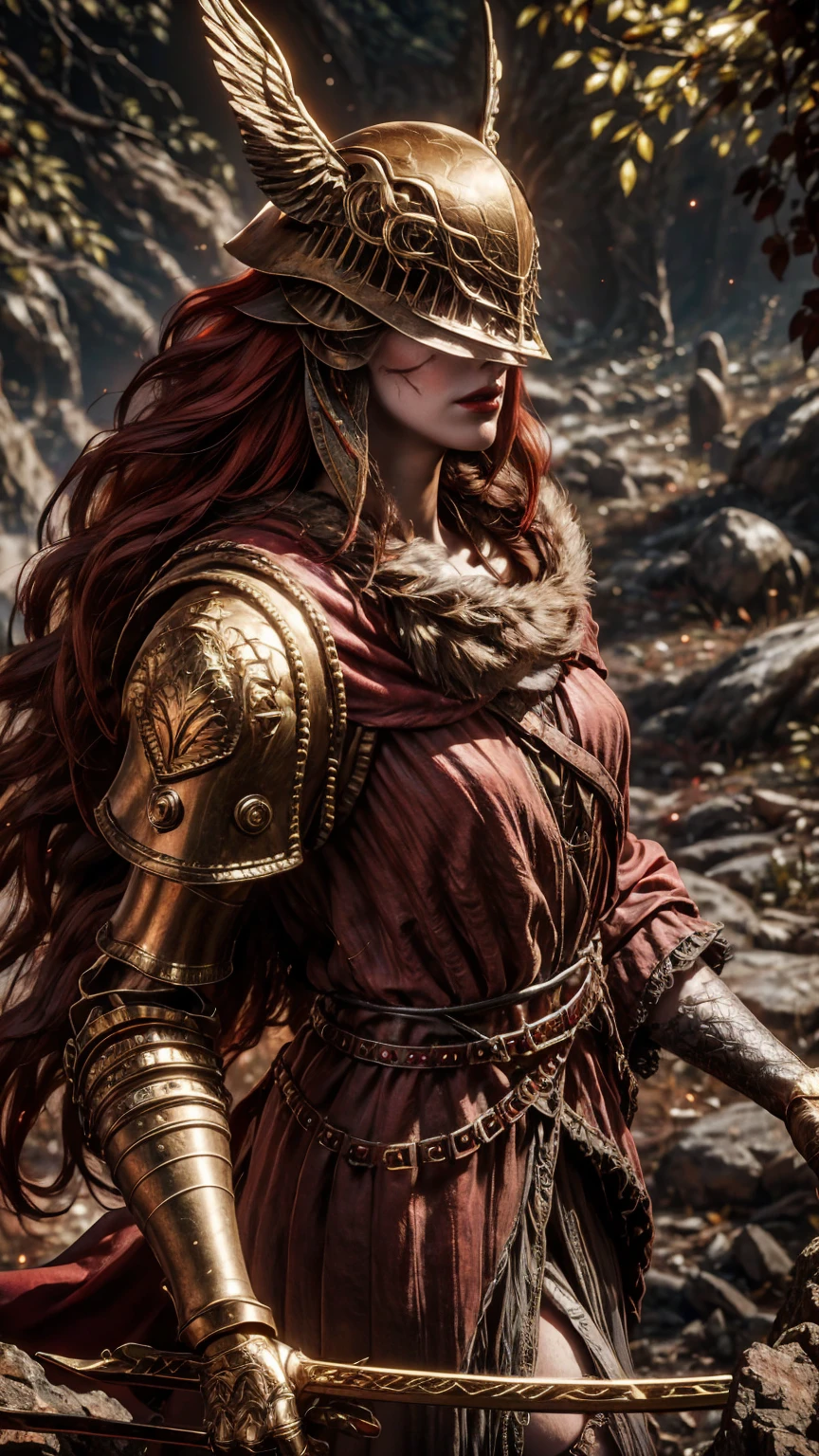 from above, high view shot, in the heart of Elden ring, a young beautiful Malenia, long red hair,  hair, malenia's helmesexy mal's armor, holding a large sword. On the slopes of a cursed tree that cries blood, dust,energy, epic sensual pose, 3/4 profile, create an dark atmosphere of Elden ring, energy and neon lights. good quality, ultra detailed, beautiful and aesthetically pleasing, masterpiece, 4k, ray tracing, medium body, close-up, low view, particles and hard neon sparkles, focus on red and black color, dark filter, dark dusty atmosphere