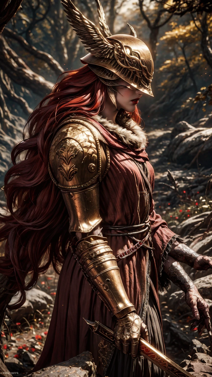 from above, high view shot, in the heart of Elden ring, a young beautiful Malenia, long red hair, blood hair, malenia's helmet, sexy malenia's armor, holding a large sword. On the slopes of a cursed tree that cries blood, dust, red energy, epic sensual pose, 3/4 profile, create an dark atmosphere of Elden ring, energy and neon lights. good quality, ultra detailed, beautiful and aesthetically pleasing, masterpiece, 4k, ray tracing, medium body, close-up, low view, particles and hard neon sparkles, focus on red and black color, dark filter, dark dusty atmosphere