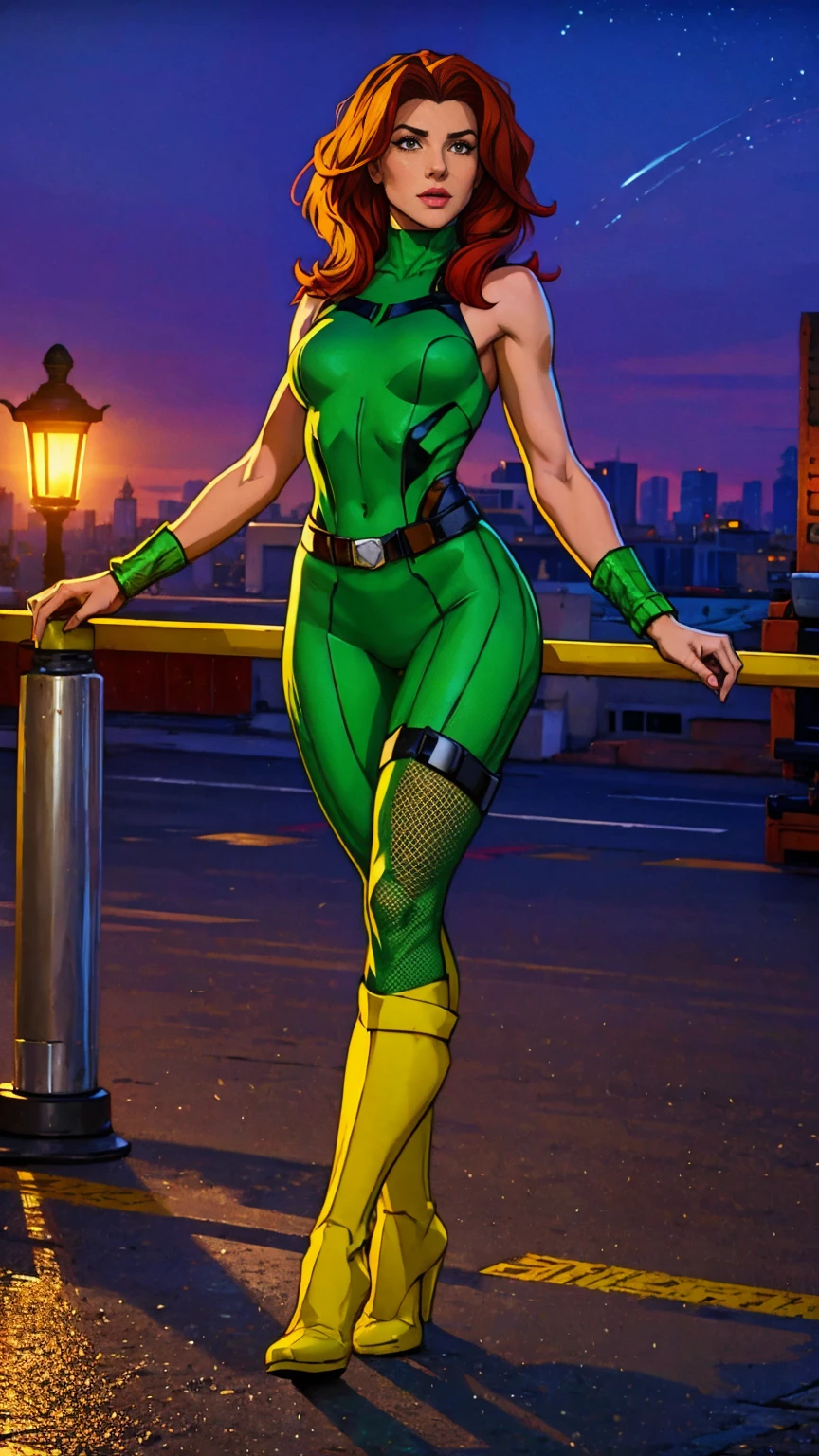 ((Full body photo, standing, feet on the floor)) (best quality,4k,8k,highres,masterpiece:1.2),ultra-detailed,(realistic,photorealistic,photo-realistic:1.37),full body shot,Rogue,X-Men,yellow thigh high boots,beauty pose, standing tall, show feet, outside, city rooftop at night, green headband