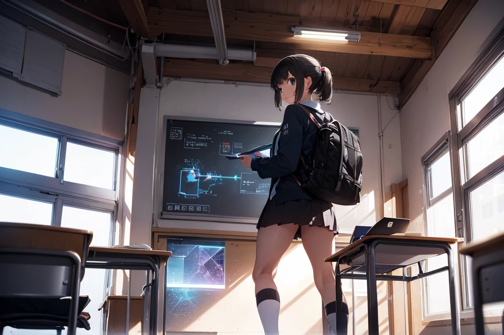 Open shot Teacher in classroom (modern and colorful school style) showing his school students a hologram suspended above his desk that shows the basic structure of an AI. This striking scene captures the essence of a class on artificial intelligence for school students. The intricate hologram design shines through with pristine clarity. The image radiates a feeling of innovation and intelligence, inviting students to a world where technology becomes a tool for studying. UHD, 16K