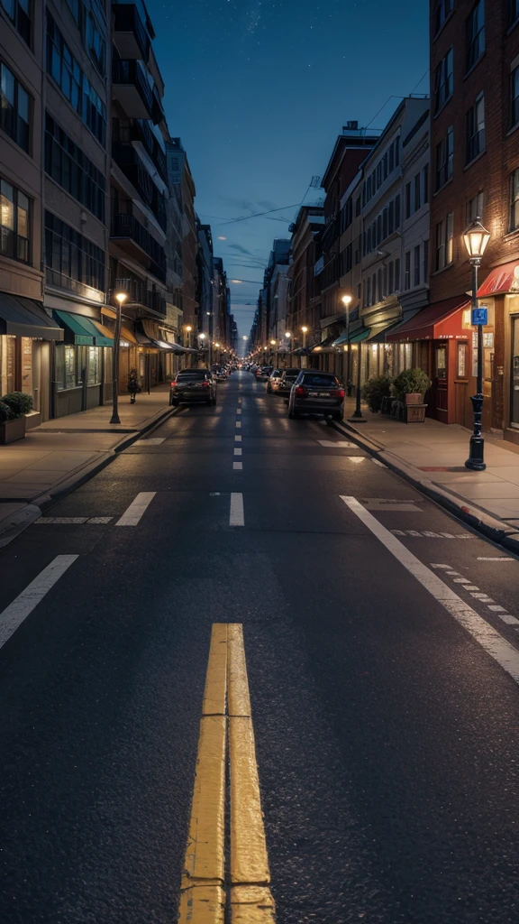 Create a realistic image of a US street at night, as if the person was taking the photo while standing on the sidewalk