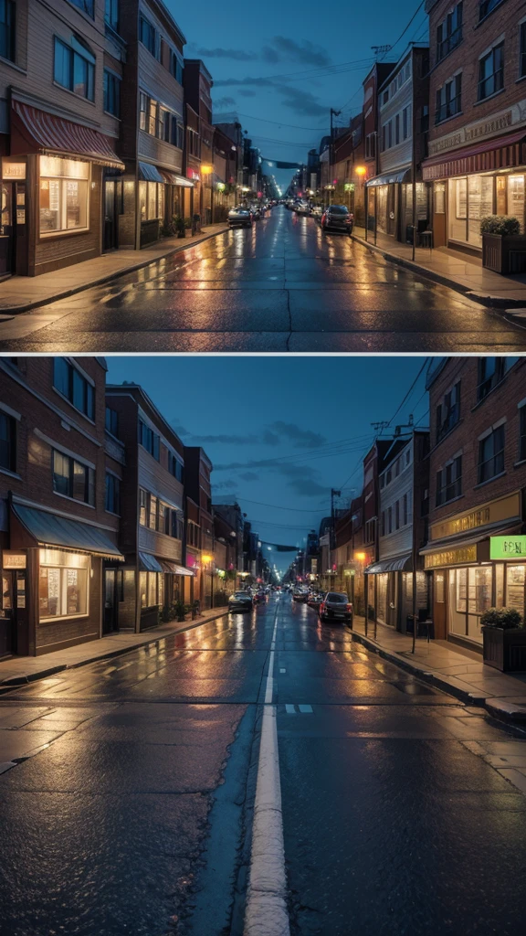 Create a realistic image of a US street at night, as if the person was taking the photo while standing on the sidewalk