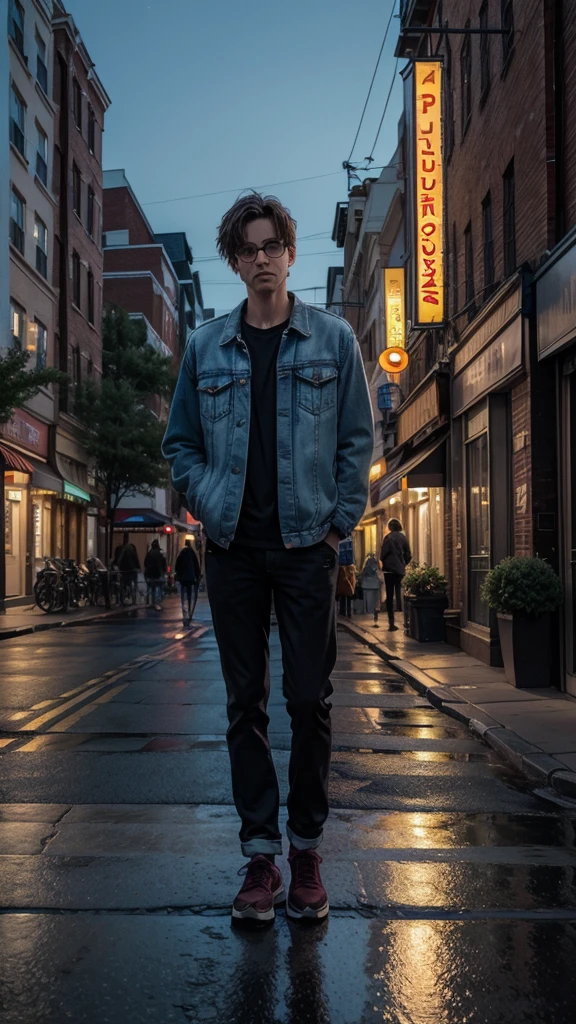 Create a realistic image of a US street at night, as if the person was taking the photo while standing on the sidewalk