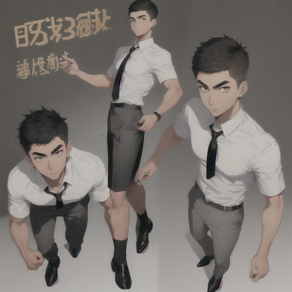 Male Asian young adult , short spikey hair , brown lazy eyes, sharp eyebrow, thin nose, good looking ,brown hair, tan skin, broad shoulders, lean, tall, short black tie, fitted white school shirt with rolled sleeves, light grey school pants, black fancy shoe , full body view