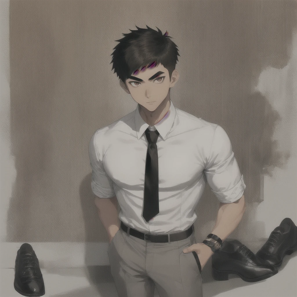Male Asian young adult , short spikey hair , brown lazy eyes, sharp eyebrow, thin nose, good looking ,brown hair, tan skin, broad shoulders, lean, tall, short black tie, fitted white school shirt with rolled sleeves, light grey school pants, black fancy shoe , full body view