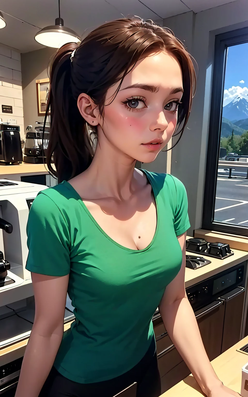 (best quality), perfect image, masterpiece,(26 year old woman)barista, yoga pants, brown hair, black tshirt with made up company logo across the chest, working at a locally owned coffee shop, working behind the counter with your cute coworker, ponytail, large window in background, small sized breasts, a beautiful mountain range is visable through the window, looking at viewer, deep u neck shirt, leaning forward, absolutely beautiful scene, cinamatic masterpiece, cleavage, aunt june