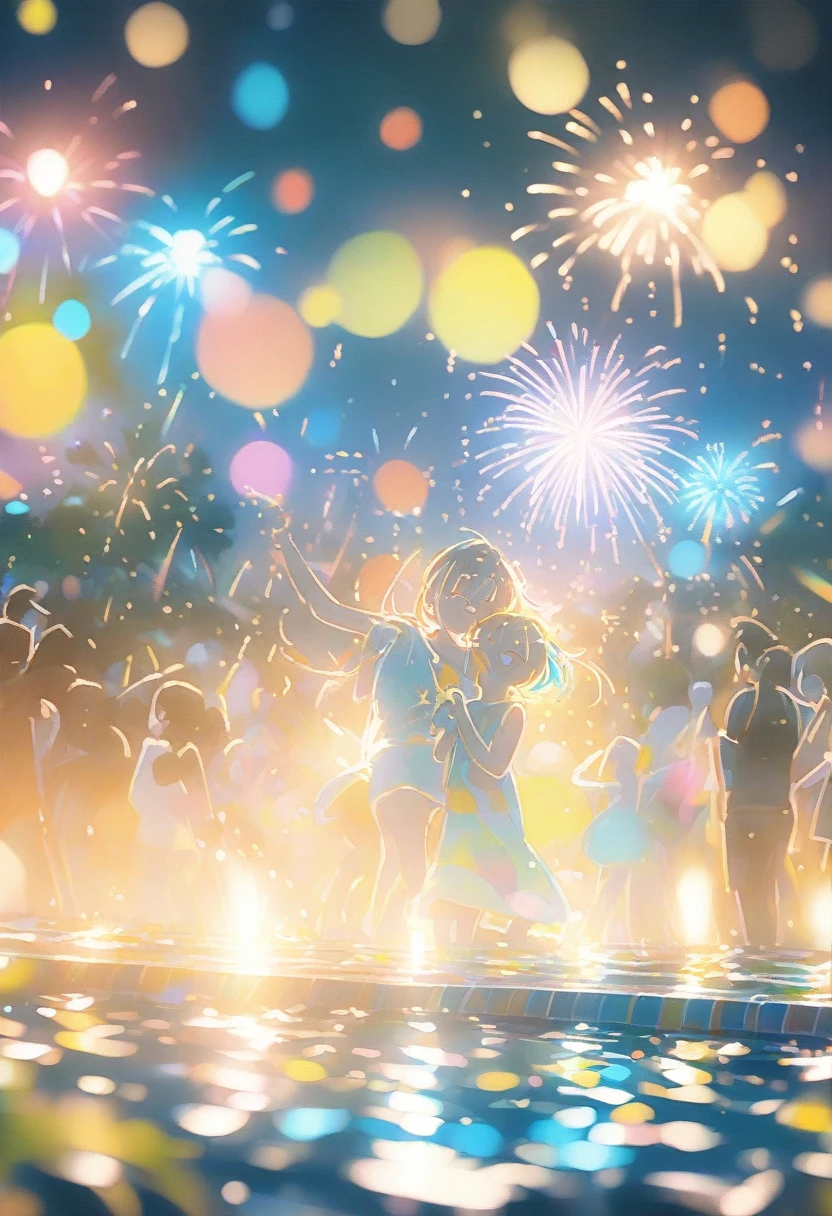 ( Magazine Cover:1.2), (Highest品質, 4K, 8k, Highest, masterpiece:1.2), Very detailed, (practical, photopractical, photo-practical:1.37), ((Pool Party:1.2)), Vibrant colors, Explosion Light, Colorful sparks, A stunning display, Night Sky, celebration, Bright atmosphere, happiness, firework表演, Illuminating the city skyline, Excited, thrilling, Bokeh, illumination, firework, Sparkling, Amazing, Season finale, Big Explosion, audience, Astonishment, Firecrackers, firework, colorful, A wonderful sight.
