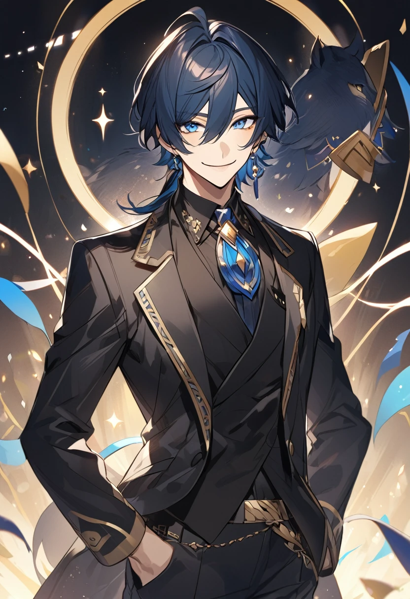 Galan, 1 , black fur, blue eyes. black suit. smile, he is a magician