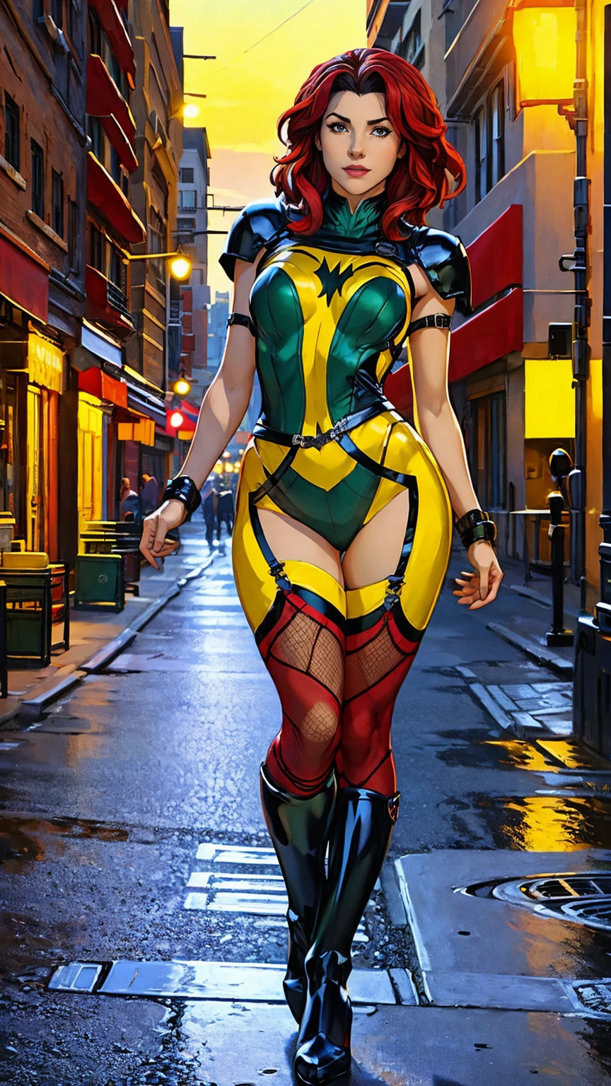 ((Full body photo, standing, feet on the ground)) (best quality, 4k, 8k, high resolution, masterpiece: 1,2), fishnet tights, black and red costume, ultra-detailed, fishnet tights, ( realistic, photorealistic, photorealistic: 1, 37), full body photo, Rogue, X-Men, yellow high boots, beauty pose, standing, show feet, outside, city roof at night, green bandana
