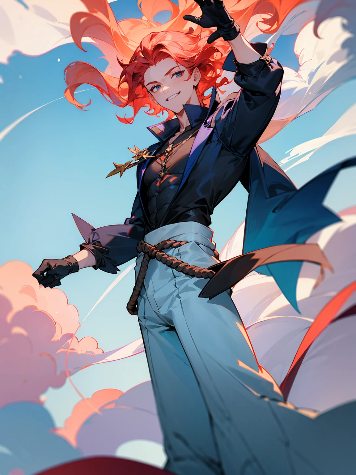 1male, young, coral hair, wavy hair, vergil hair, white long sleeve shirt, sky blue baggy pants, rope tied around waist, black gloves, smile