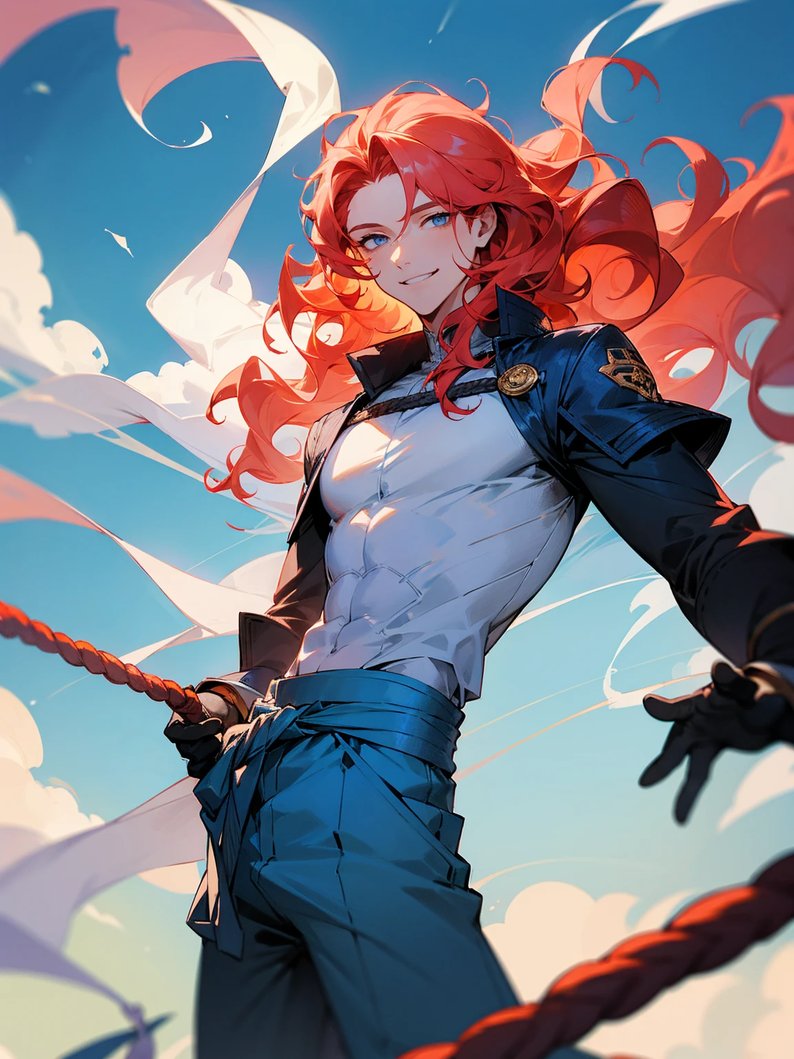 1male, young, coral hair, wavy hair, vergil hair, white long sleeve shirt, sky blue baggy pants, rope tied around waist, black gloves, smile