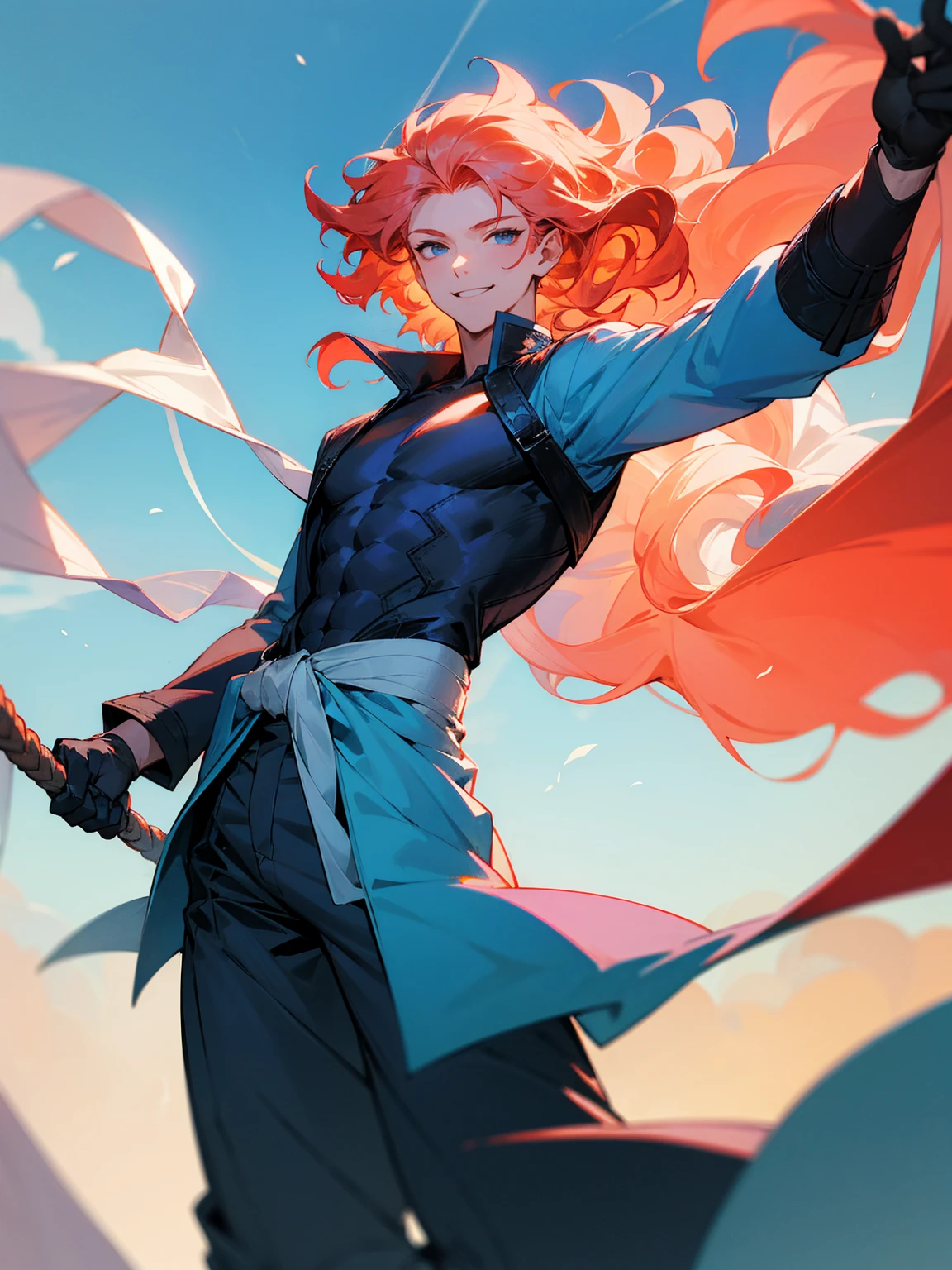 1male, young, coral hair, wavy hair, vergil hair, white long sleeve shirt, sky blue baggy pants, rope tied around waist, black gloves, smile