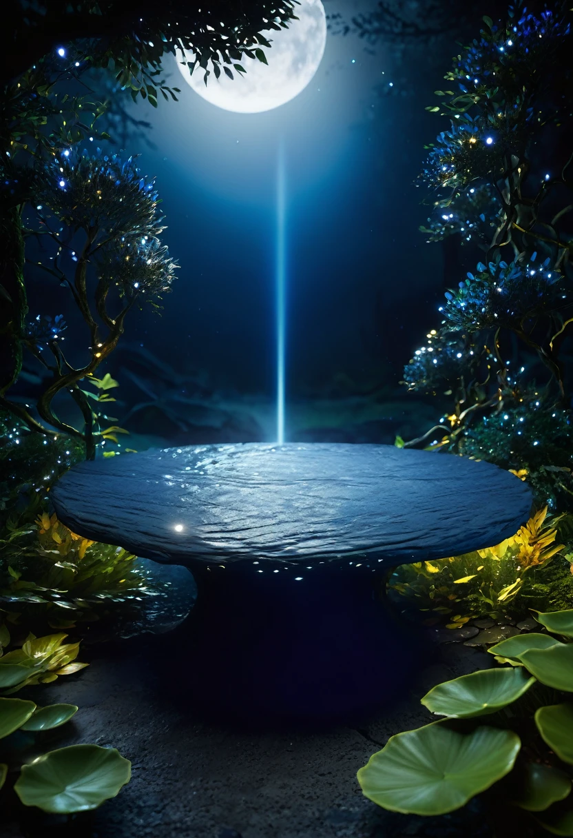 EMPTY GRAY STONE TABLE ON THE 
BACKGROUND FAIRY FOREST IN THE 
MIDDLE OF THE NIGHT, LAY SUMMER, 
MACRO SHOT, COLORFUL DETAILS, 
NATURAL LIGHTING, SOFT LIGHT, BEST 
QUALITY, ULTRA-DETAILED, DARK GOLD 
AND DARK AZURE, WATER AND LAND 
FUSION, UNREAL ENGINE 