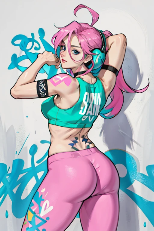 masterpiece, best quality, 25 years old beautiful woman, long hair, (mature face:1.4), 1woman, solo, crop top, gym leggings, choker, (from behind:1.4), plumb ass, thick thighs, thin waist, (graffiti:1.5), paint splatter, arms behind back, against wall, looking at viewer, armband, thigh strap, paint on body, head tilt, bored, multicolored hair (pink, blue), aqua eyes, headset