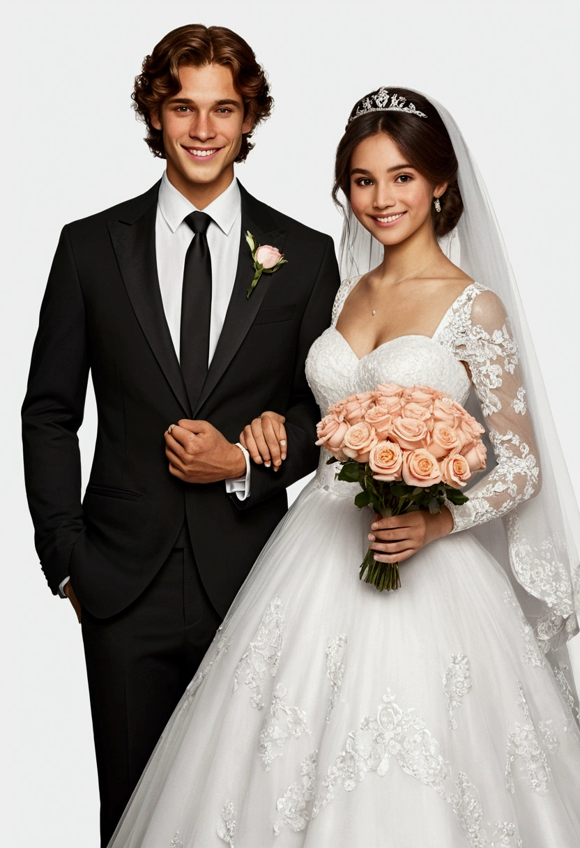 generate a drawing of a cute wedding couple looking young Brazilian, smiling, he has very short, brown, frizzy hair, he must be wearing a black suit, she has black, straight hair, she must be wearing a beautiful white wedding dress, round and a beautiful veil on her head, she must be holding a bouquet of salmon roses, they are holding hands, the image must show the characters in full body, transparent background, Disney prince and princess style