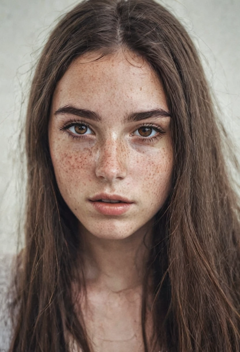 beautiful young girl, long brown hair, amber eyes, freckles on the nose and cheekbones, thick lips, thick black eyebrows