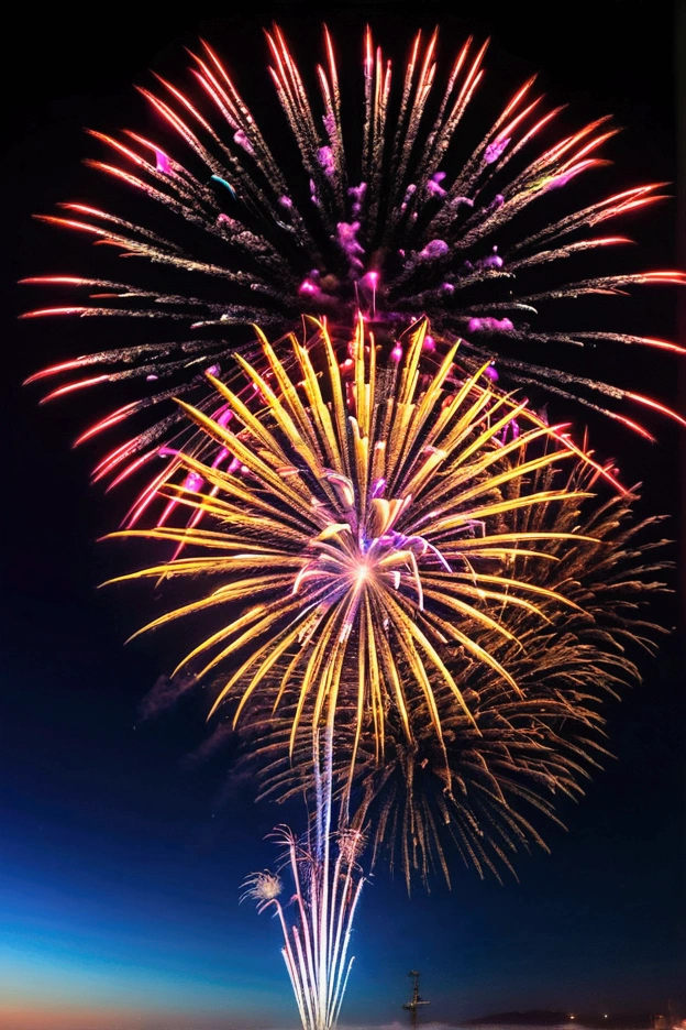 In the vast night sky,(Amazing fireworks:1.3)It's full of colorful lights,Blooms in an instant(beautiful photo:1.2)。people々Your eyes will be captivated by this wonderful sight.,They all looked up at the sky,Shout out in joy。