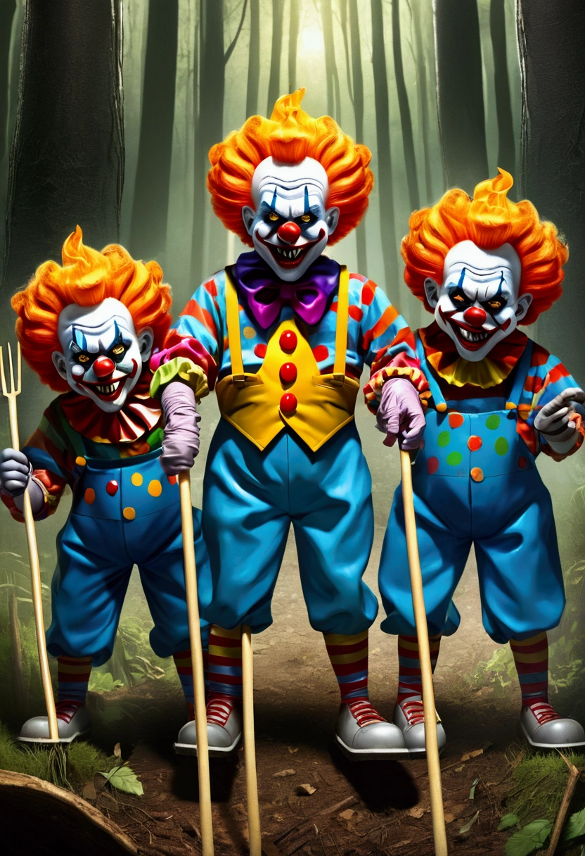 ((3 crazy mean clowns holding pitchforks, garbage pail kids style)), in the woods, 3d cartoon, high quality, detailed,