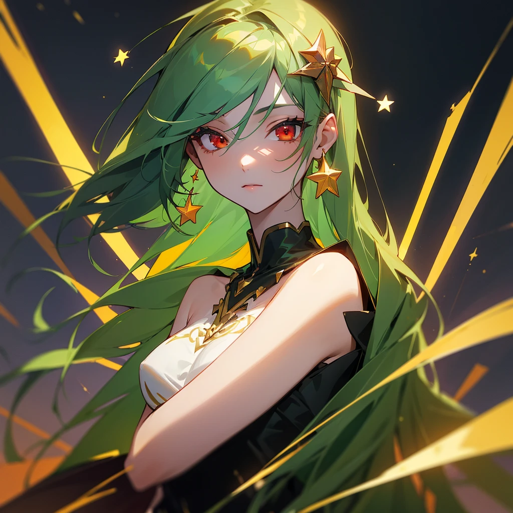 (masterpiece, best quality:1.2),solo,1girl,averting_eyes,earrings,hair_between_eyes,hair_ornament,jewelry,long_hair, earrings, Green_Hair, Red_Eyes, Pretty_Girl, Stars, full_body.