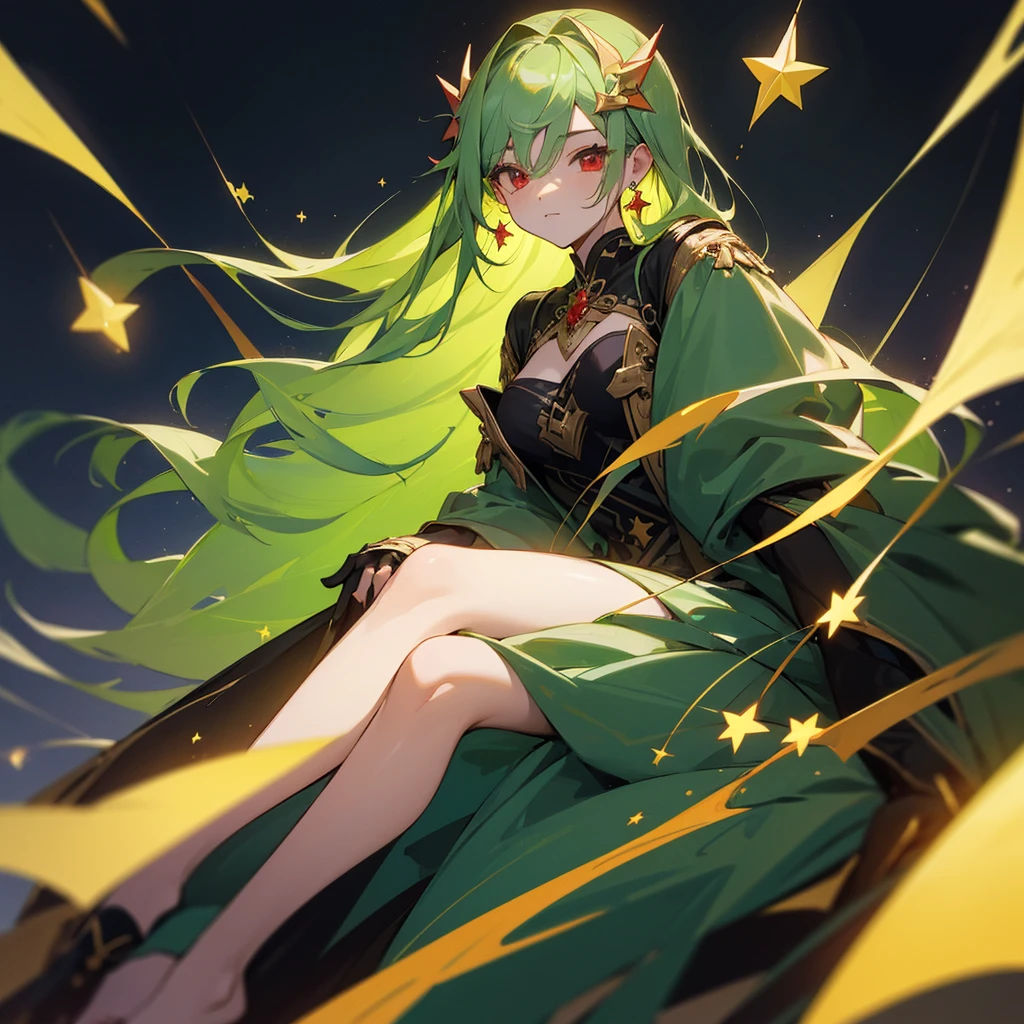 (masterpiece, best quality:1.2),solo,1girl,averting_eyes,earrings,hair_between_eyes,hair_ornament,jewelry,long_hair, earrings, Green_Hair, Red_Eyes, Pretty_Girl, Stars, full_body.
