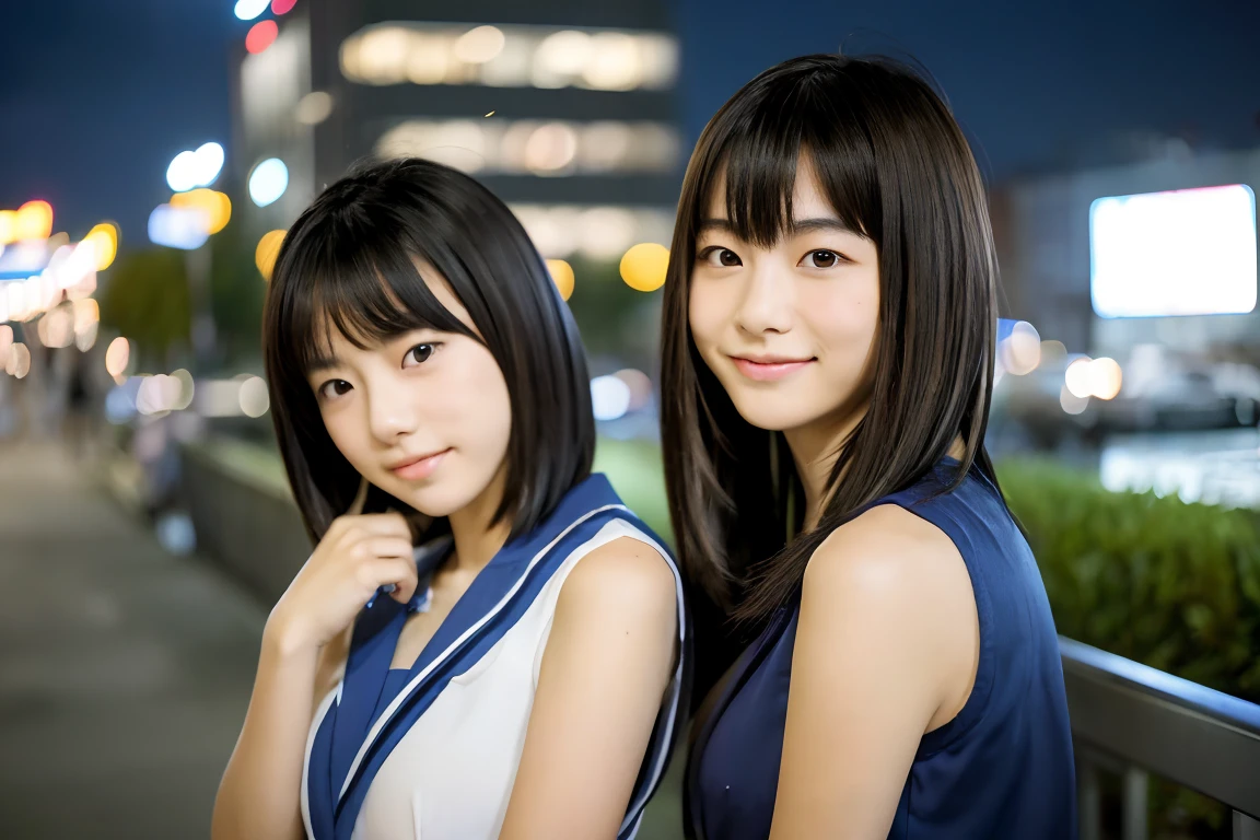 Very detailed super high quality super high quality Surreal photograph Three Japanese Girls Very detailed (Each girl has a different hairstyle randomly、A different face:1.3) smile Fair skin ((Half-open lips:1.3)) Beautiful and soft skin ((Beautifully styled straight short hair)) Beautiful and perfect body very cute Beautiful young man with clear skin々New Skins 16 years oldl girl wearing a sleeveless shirt) Big Breasts whole body Everyday City Busy city ((night)) audience'perspective Front view (:1.3) (Cleavage) (Amazingly cute girl:1.3) (whole bodyポートレート)