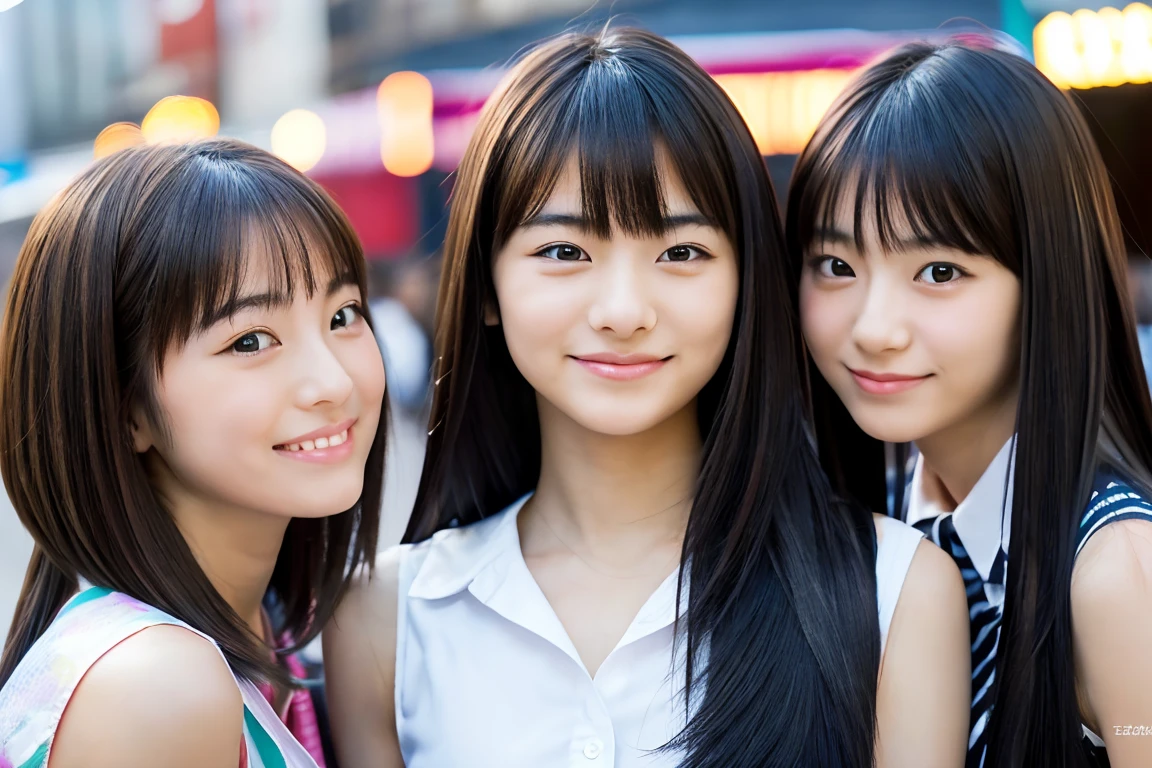 Very detailed super high quality super high quality Surreal photograph Three Japanese Girls Very detailed (Each girl has a different hairstyle randomly、A different face:1.3) smile Fair skin 16 years old ((Half-open lips:1.3)) Beautiful and soft skin ((Beautifully styled straight short hair)) Beautiful and perfect body very cute Beautiful young man with clear skin々New Skins 16 years old (High school girl wearing a sleeveless shirt) Big Breasts whole body Everyday City Busy city ((night)) audience'perspective Front view (:1.3) (Cleavage) (Amazingly cute girl:1.3) (whole bodyポートレート)
