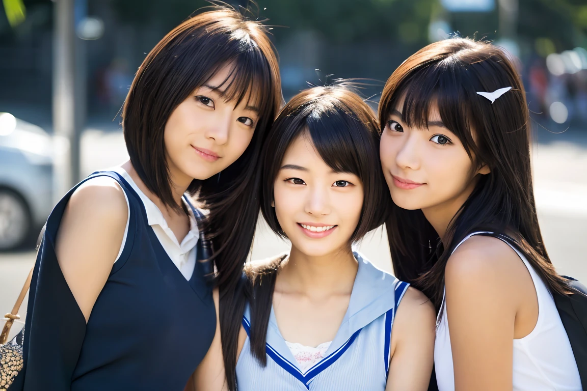 Very detailed　super high quality　super high quality　Surreal　photograph　Three Japanese Girls　Very detailed　(Each girl has a different hairstyle randomly、A different face:1.3) 　smile　Fair skin　************　((Half-open lips:1.3))　Beautiful and soft skin　((Beautifully styled straight short hair))  Beautiful and perfect body　very cute　Beautiful young man with clear skin々New Skins　************　(High school girl wearing a sleeveless shirt) Big Breasts　whole body　Everyday City　Busy city　　((night))　audience&#39;perspective　　Front view　　(:1.3)   (Cleavage)　(Amazingly cute girl:1.3)　　(whole bodyポートレート)　