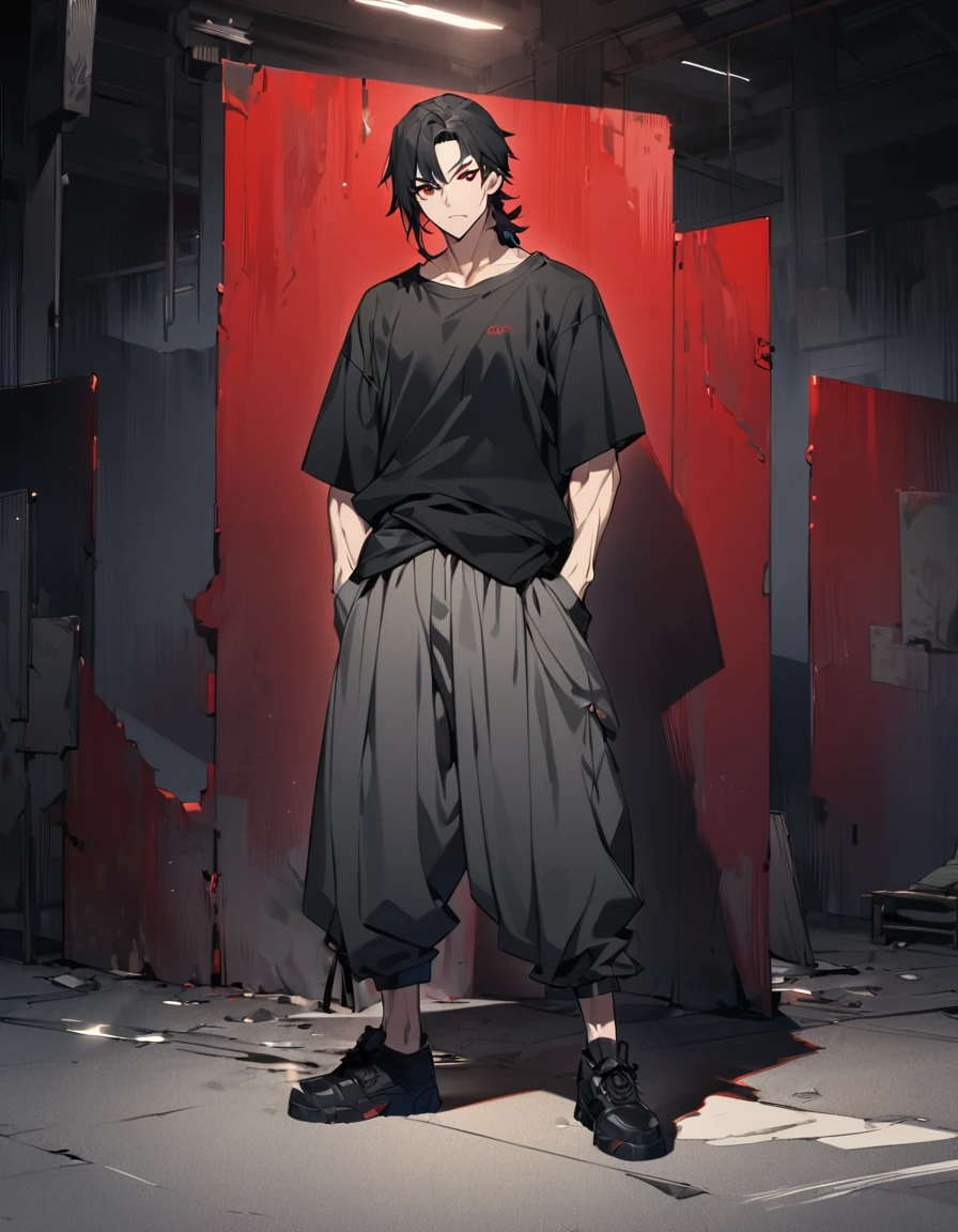 A anime man, black short hair, mullet haircut split in the middle, red eye, wearing a gray baggy pants, black Tight T-shirt , wearing a black shoe, with a black jacket. standing, full body, adult, slightly muscular body, blank scenery, holding a great sword