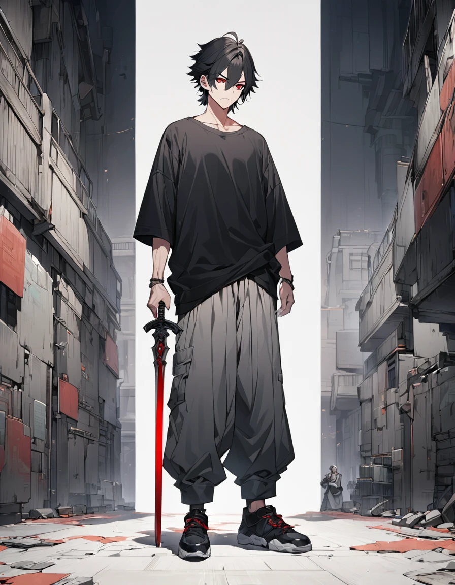 A anime man, black short hair, mullet haircut split in the middle, red eye, wearing a gray baggy pants, black Tight T-shirt , wearing a black shoe, with a black jacket. standing, full body, adult, slightly muscular body, blank scenery, holding a great sword