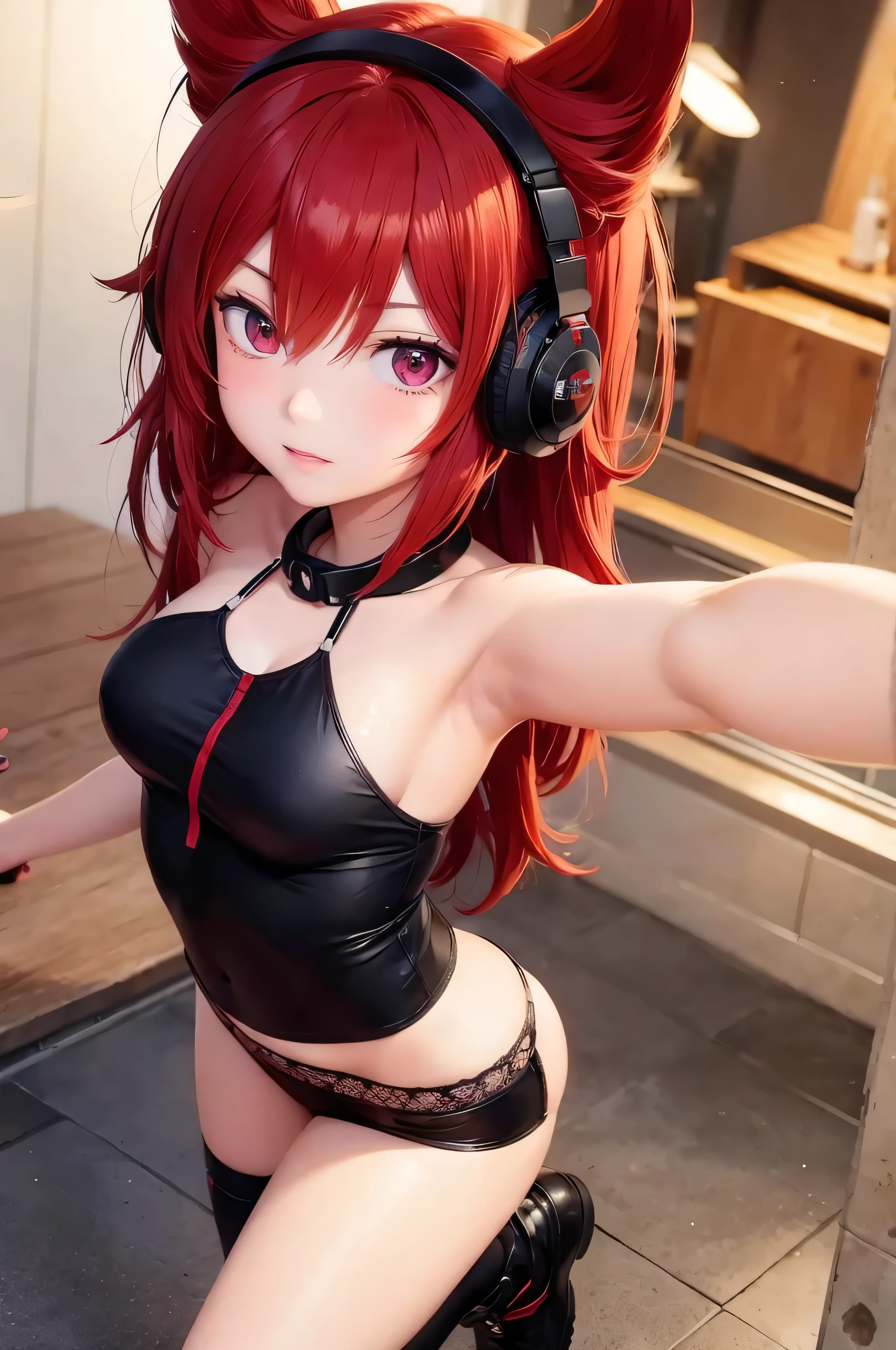 girl anime, 15 years, selfie, head-set, music, red eyes, red hair, angry, fire background