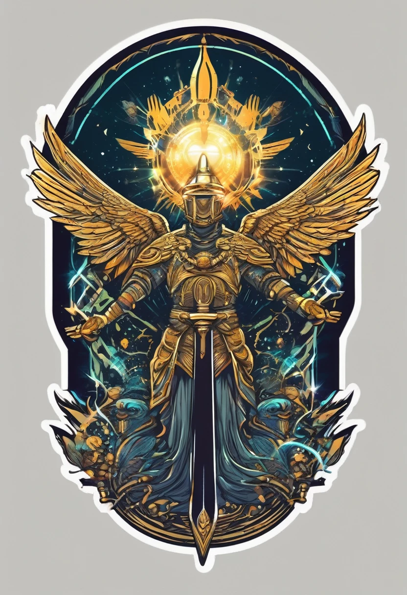 t shirt design, sticker, a personification of greed and holding shield and sword in a birds flying in the style of radiating a glowing aura, extraterrestrial,