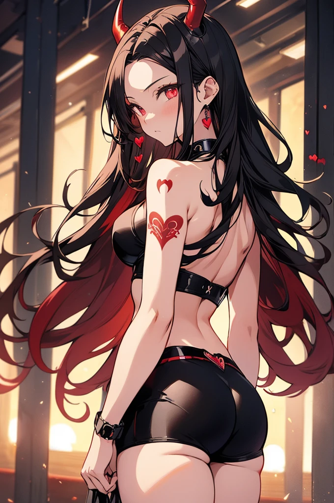 masterpiece, super detailed, high resolution, precision art, highly seductive anime girl. sexy and alluring, flawless dark red demonic skin, succubus, symmetrical face, beautiful olive eyes, flowing black hair, her very presence oozes seduction and allure, S-shaped body, black onyx colored horns jutting out her forehead, heart shaped tail protruding from her back, sexy and arousing slender and thin yet chiseled with enticing breasts, intricate and beautiful heart shaped tattoo engraved on her stomach, wearing spaghetti strap crop-top and form-fitting leggings that accentuate her round ass, hip-level shot