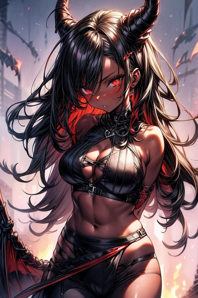 masterpiece, super detailed, high resolution, precision art, highly seductive anime girl. sexy and alluring, flawless dark red demonic skin, succubus, symmetrical face, beautiful olive eyes, flowing black hair, her very presence oozes seduction and allure, S-shaped body, black onyx colored horns jutting out her forehead, heart shaped tail protruding from her back, sexy and arousing slender and thin yet chiseled with enticing breasts, intricate and beautiful heart shaped tattoo engraved on her stomach, wearing spaghetti strap crop-top and form-fitting leggings that accentuate her round ass, hip-level shot