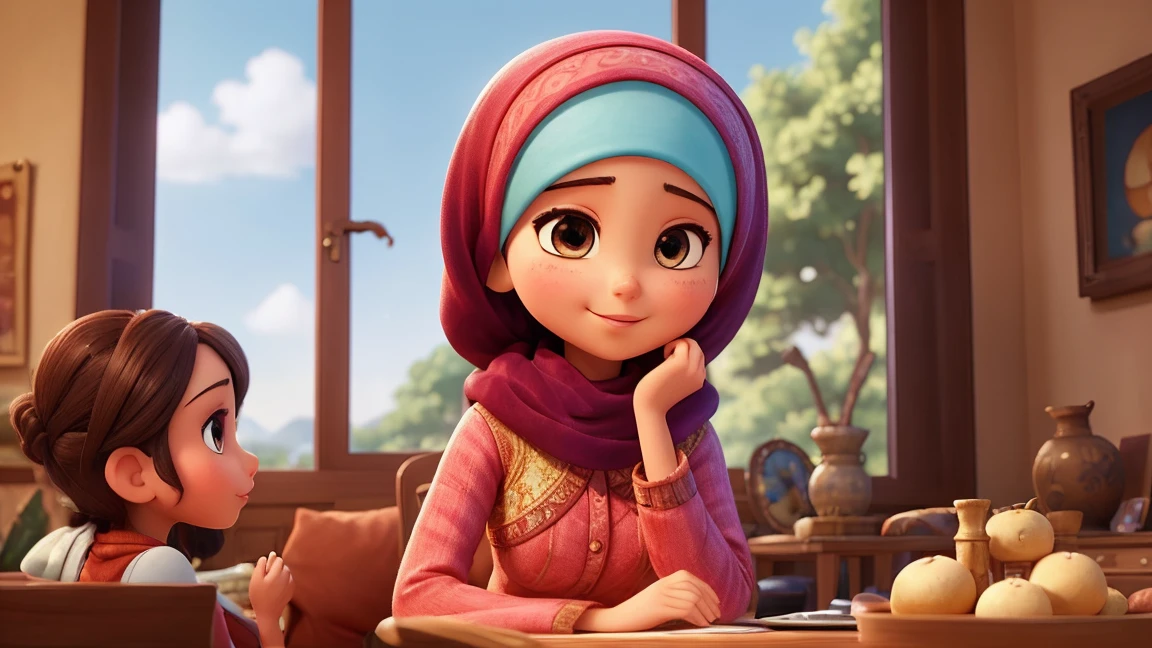 arabic 25 years oald women, with her family,watching tv, regarder la television , un film, watching movie, by night,coveredhead,modern Hijab wear,Round face,elaborate brown eyes,Elaborate enchanting lips,charmer smile,extremely detaild,expressive facial expression,side view, girl in a the livingroom,modern architecture design,Optics,paisagem serena,a moment of pure relaxation,swirly vibrant colors,soft, natural lighting,smooth bokeh effect,oil painting style,Romantic Inspiration,exceptional clarity and sharpness PIXAR style