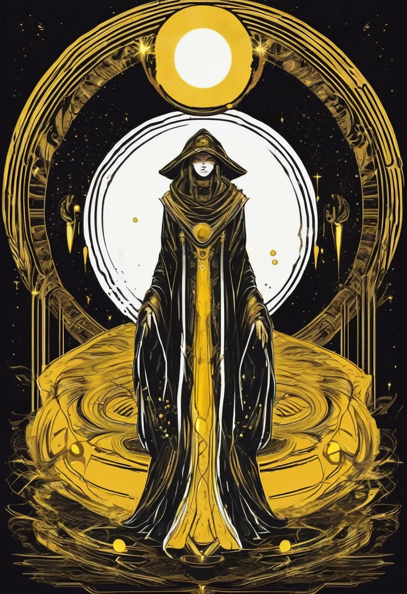 t shirt design, sticker, a technomancer and white and gold priestess robes in a saturn in the background in the style of golden yellow eyes, dark scenario,