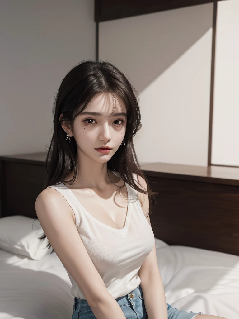 Best quality, Master parts, 超高分辨率, (Realistic: 1.4), Original photo, Bedrooms), 1 girl, 黑The eye, looking at viewert, Long hair, light make-up, Lips, tiny ears, Silk nightdress，slim