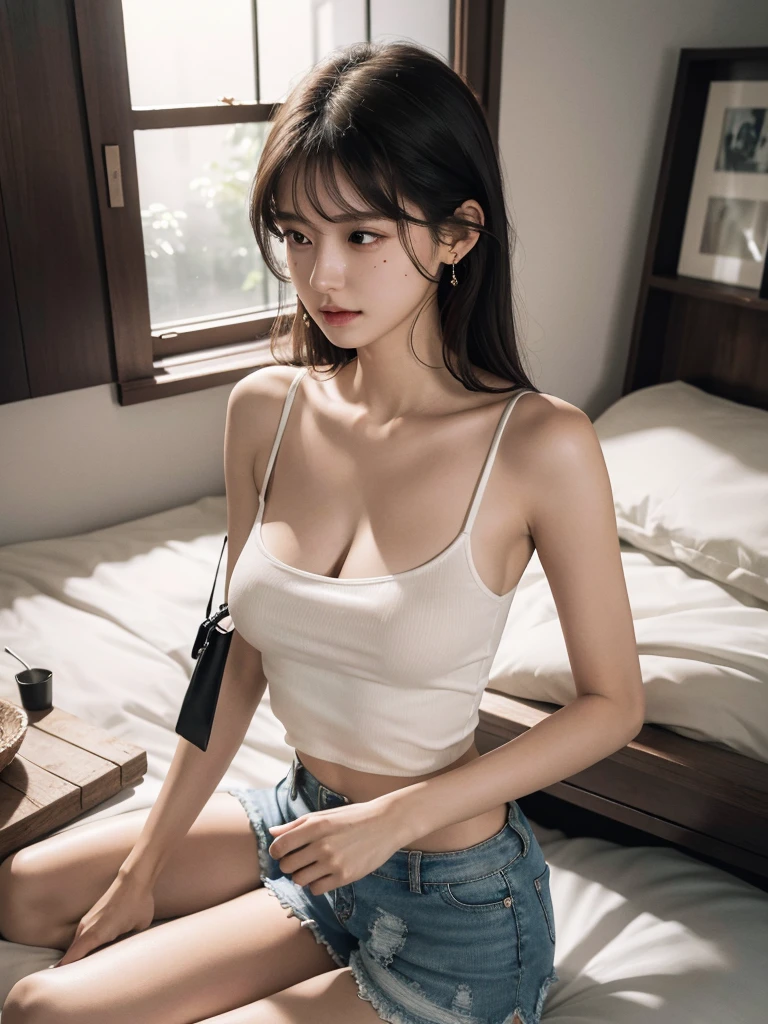 absurdres, RAW photo, extremely delicate and beautiful, masterpiece, Best Quality, ultra high resolution, 32k, hyperrealistic, ultra-detailed, perfect figure, in her 20s, delicate facial features, tearful mole, earring, big breasts, ((full body shot)), medium hair, asymmetrical hair, sleeveless collared shirt, shorts,