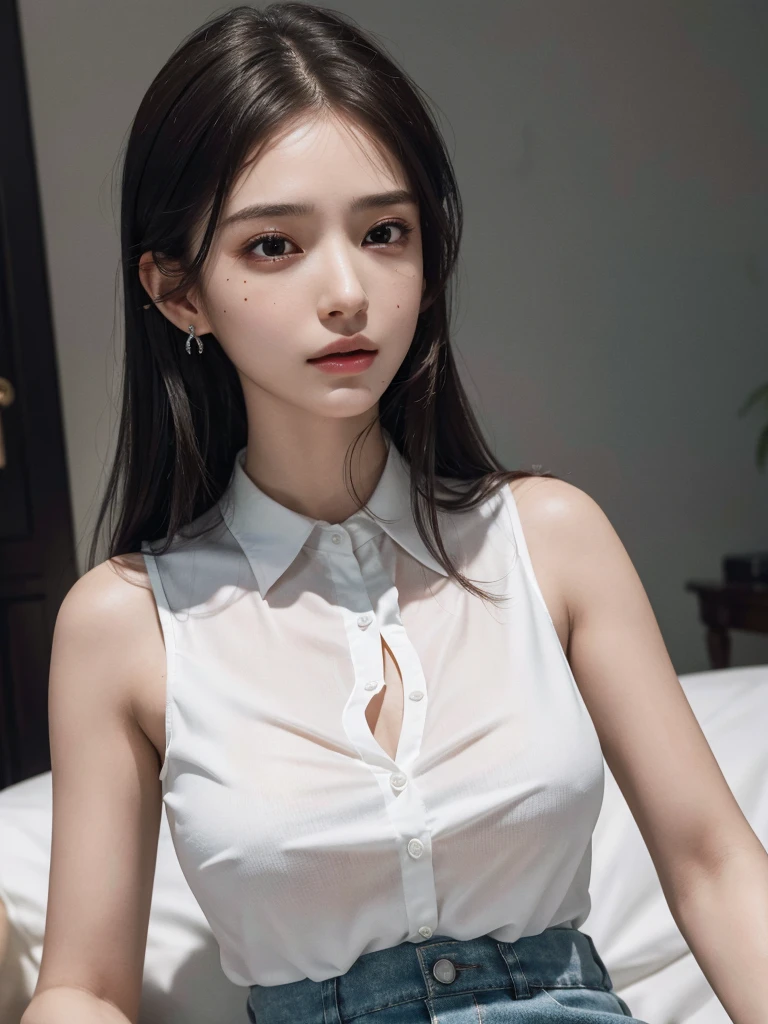 absurdres, RAW photo, extremely delicate and beautiful, masterpiece, Best Quality, ultra high resolution, 32k, hyperrealistic, ultra-detailed, perfect figure, in her 20s, delicate facial features, tearful mole, earring, big breasts, ((full body shot)), medium hair, asymmetrical hair, sleeveless collared shirt, shorts,
