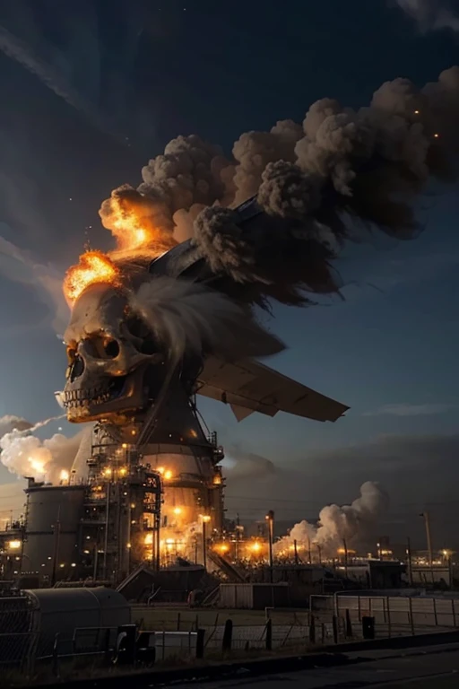 Fire Skull with airplane wings explodes an oil refinery with a lot of fire full view of the airplane