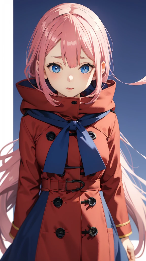 Full length anime girl, White background. young girl, With a cute face, large bright blue eyes and light smooth skin. pink hair, collected in a neat hairstyle, with small stray strands. The girl is dressed in a blue winter coat and a red scarf with black veins. The coat is buttoned. The girl's mood is joy, she smiles, creating an atmosphere of warmth and friendliness.