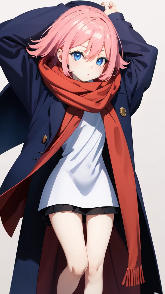 Full length anime girl, White background. young girl, With a cute face, large bright blue eyes and light smooth skin. pink hair, collected in a neat hairstyle, with small stray strands. The girl is dressed in a blue winter coat and a red scarf with black veins. The coat is buttoned. The girl's mood is joy, she smiles, creating an atmosphere of warmth and friendliness.