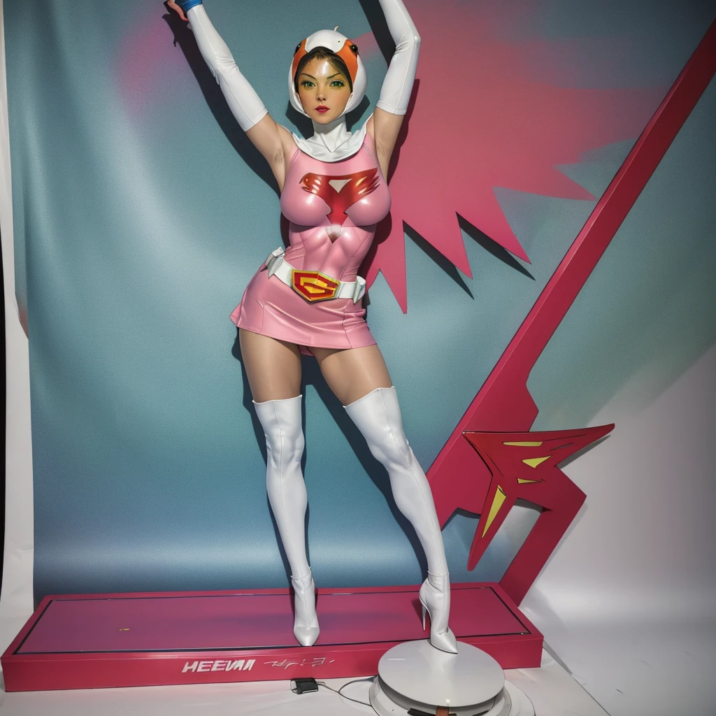 ANI_CLASSIC_jun_gatchaman_ownwaifu,1girl, 15 years old,good anatomy, masterpiece, best quality,realistic, hyperrealistic, 16k hdr,breasts,green eyes,lips,large breasts,lipstick,makeup,gloves,cape,helmet,belt,elbow gloves,white gloves,mask,ultra miniskirt,leotard,spacesuit,white tight overknee highheels boots,pink dress,superhero,bodysuit,cleavage,erected nipples,((standing pose,spread legs, arms up straight)),cameltoe