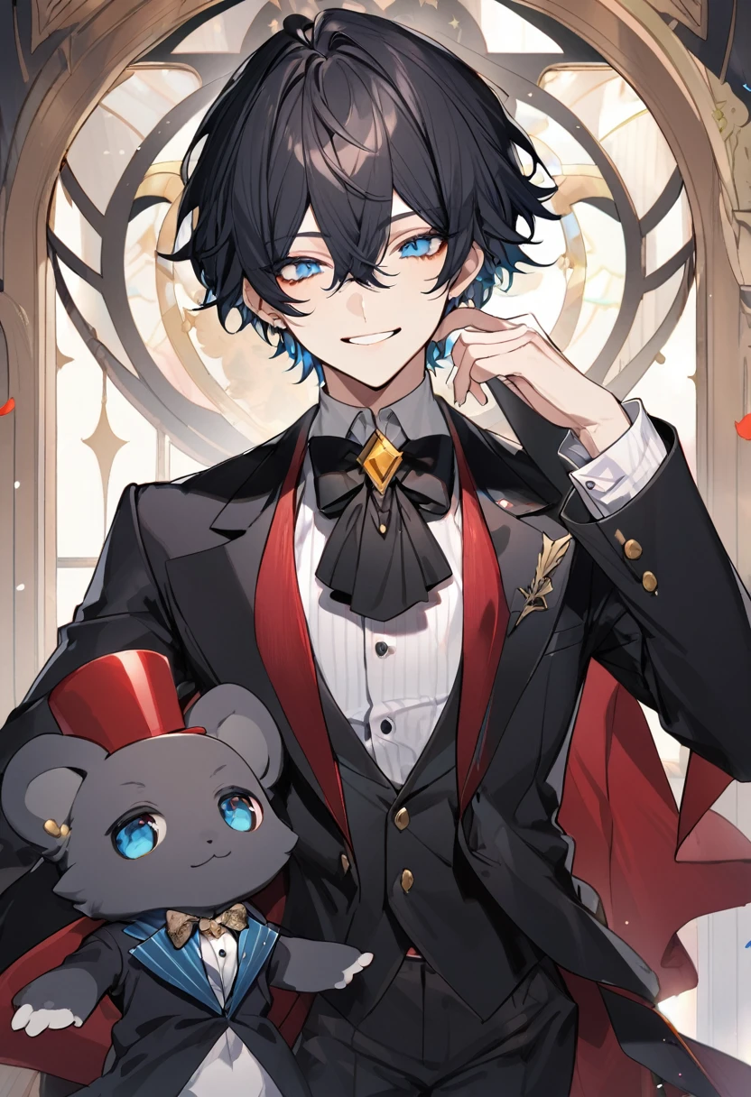 1 , black fur, blue eyes. black suit. smile, he is a magician