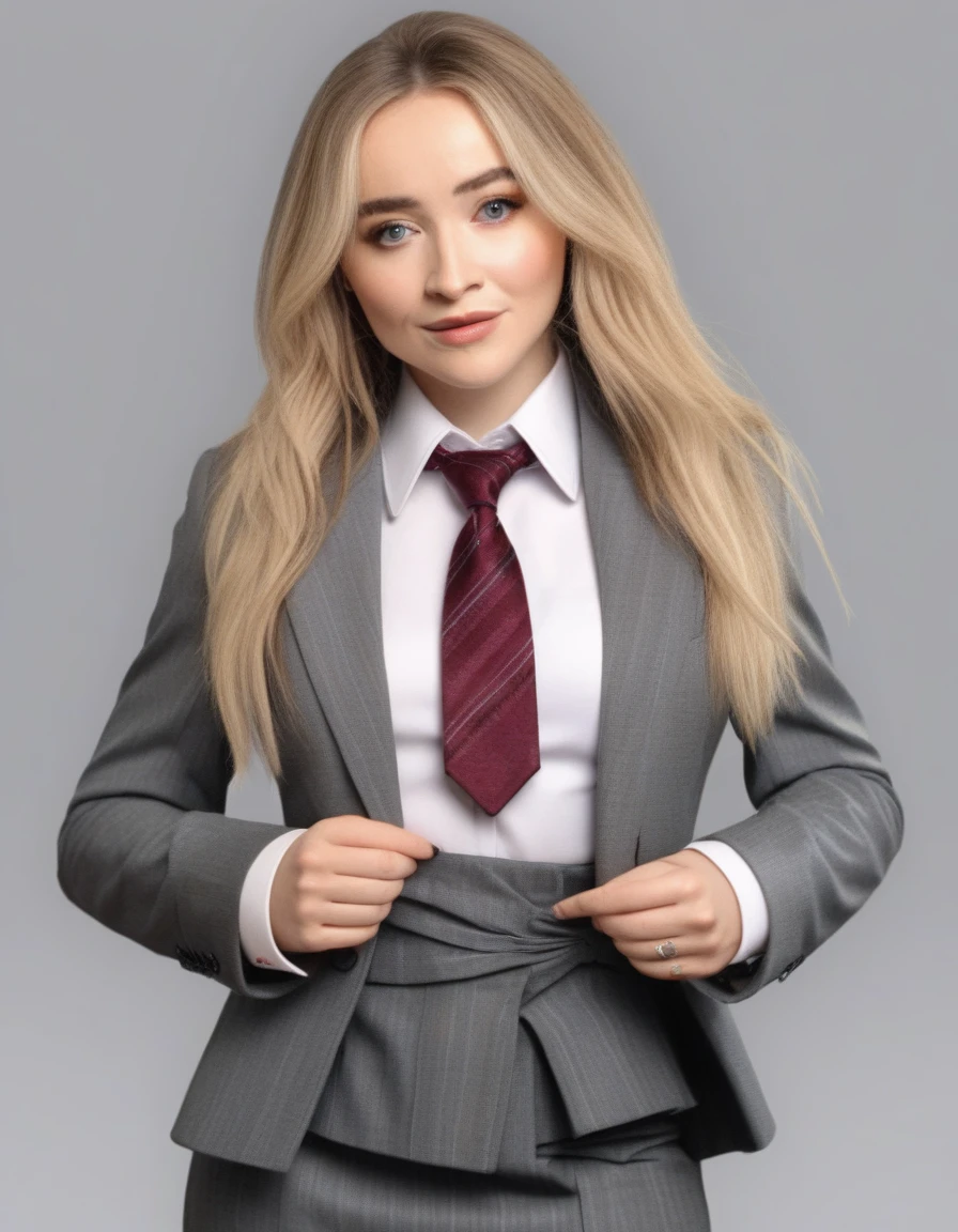 SabrinaCarpenter,High Quality, Intricately Detailed, Hyper-Realistic woman Lawyer Portrait Photography, Volumetric Lighting, Full Character, 4k, In Workwear, skirt suit, (((three-piece suit))), (((dress shirt))), (((necktie))), (((blazer))), (((suit jacket))), ((waistcoat)), double-breasted waistcoat, (((bodycon miniskirt))), stockings, pocket square, cufflinks,