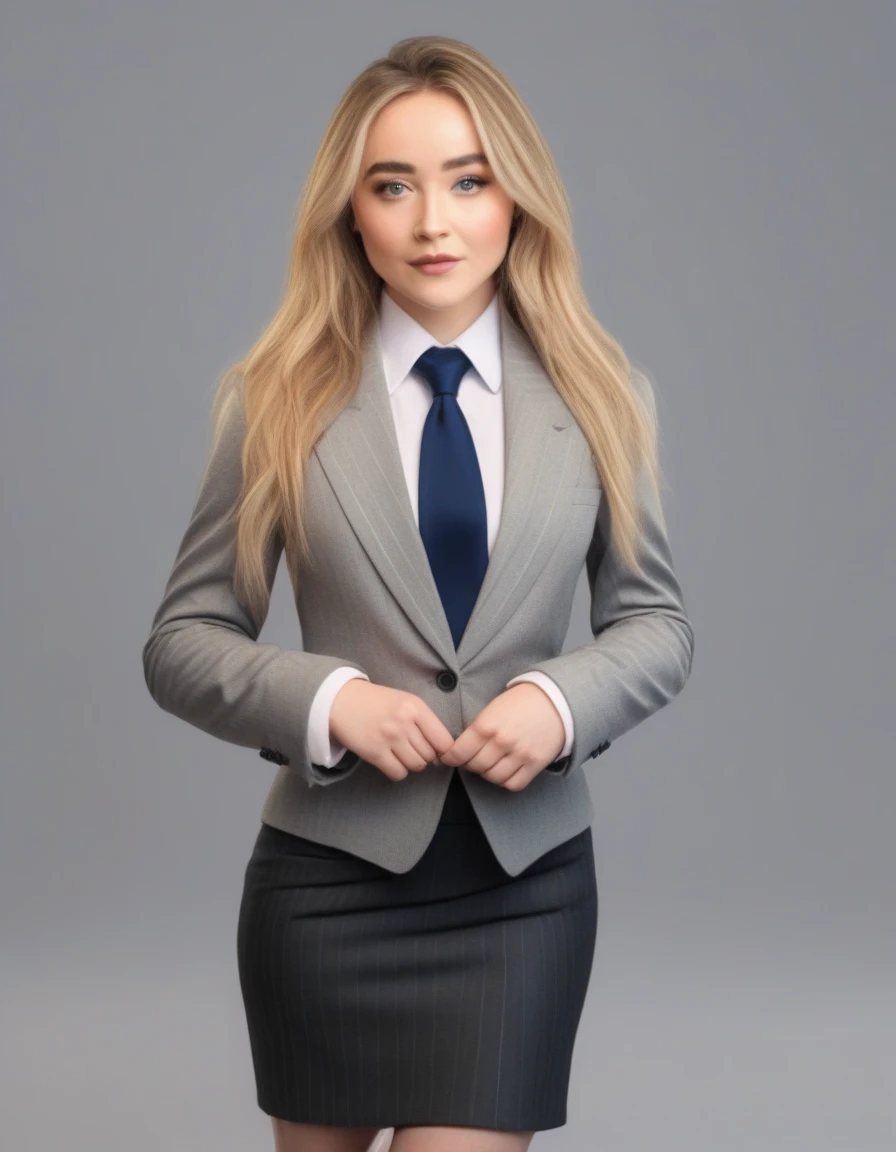 SabrinaCarpenter,High Quality, Intricately Detailed, Hyper-Realistic woman Lawyer Portrait Photography, Volumetric Lighting, Full Character, 4k, In Workwear, skirt suit, (((three-piece suit))), (((dress shirt))), (((necktie))), (((blazer))), (((suit jacket))), ((waistcoat)), double-breasted waistcoat, (((bodycon miniskirt))), stockings, pocket square, cufflinks,