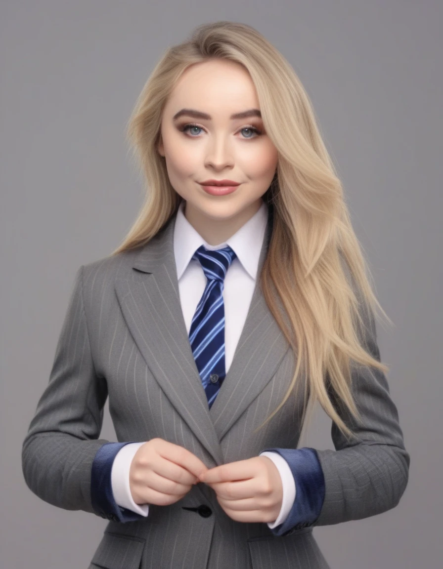 SabrinaCarpenter,High Quality, Intricately Detailed, Hyper-Realistic woman Lawyer Portrait Photography, Volumetric Lighting, Full Character, 4k, In Workwear, skirt suit, (((three-piece suit))), (((dress shirt))), (((necktie))), (((blazer))), (((suit jacket))), ((waistcoat)), double-breasted waistcoat, (((bodycon miniskirt))), stockings, pocket square, cufflinks,