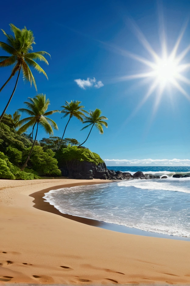 (((beach with sun)) Highest quality, Ultra-high resolution, 4K fine CG, masterpiece, sun, blue sky, Hawaii, forest, sand, ((Ground to sky view)) Maori painting styles , beautiful, Center of screen