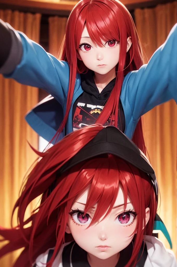 girl anime, 15 years, selfie, head-set, music, red eyes, red hair, angry, fire background