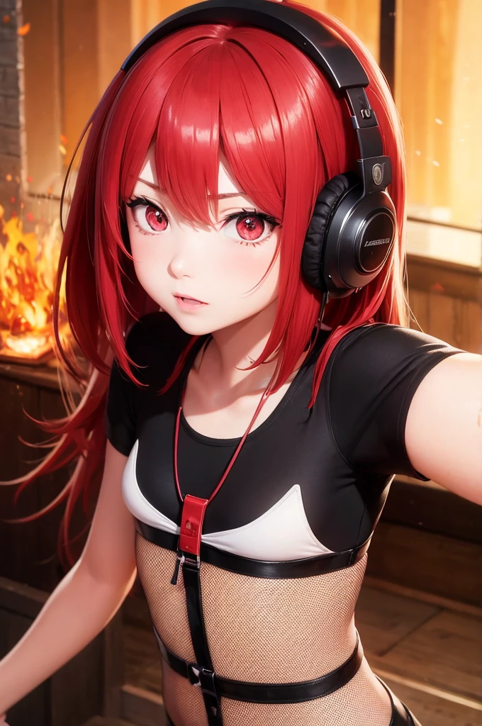 girl anime, 15 years, selfie, head-set, music, red eyes, red hair, angry, fire background
